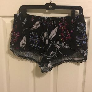 Black Shorts w/ Flora Print and Pom Pom Details